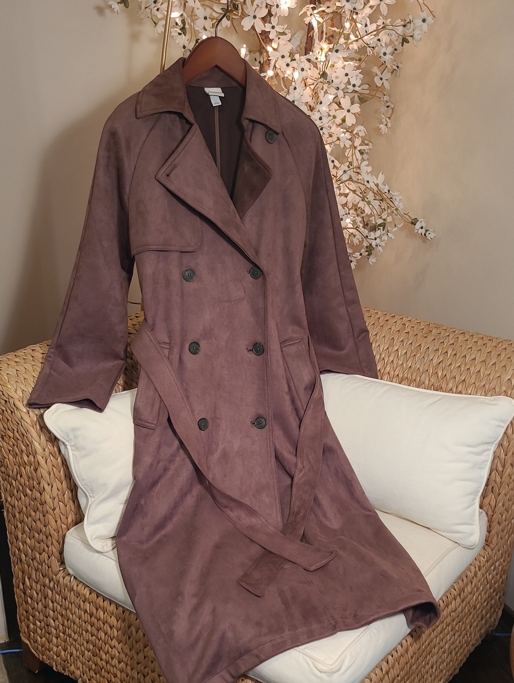 Stunning Chocolate Brown Faux Suede Belted Trench Coat